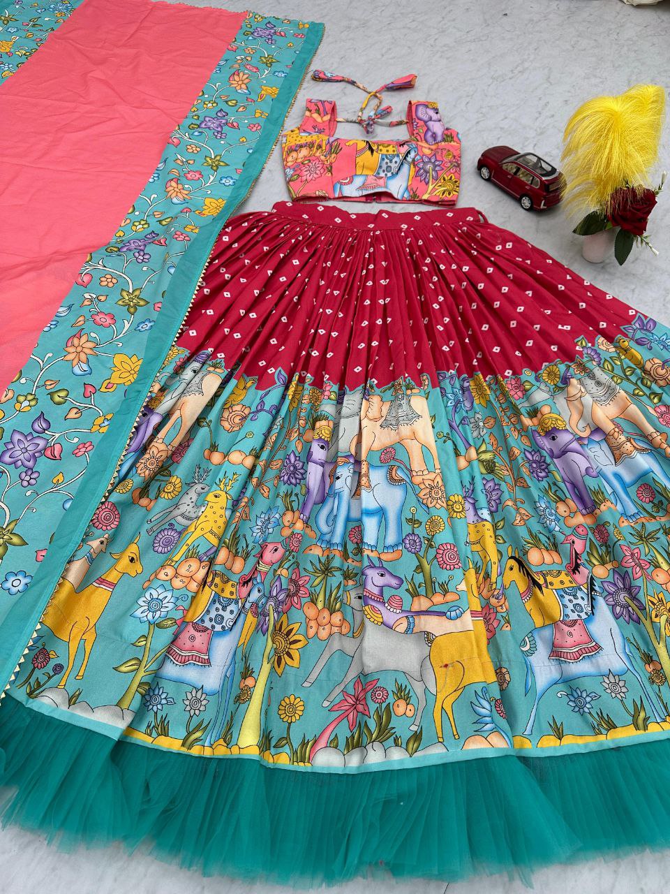 Exquisite Kalamkari Cotton Lehenga Choli with Net Frill Dupatta – A Blend of Tradition & Elegance