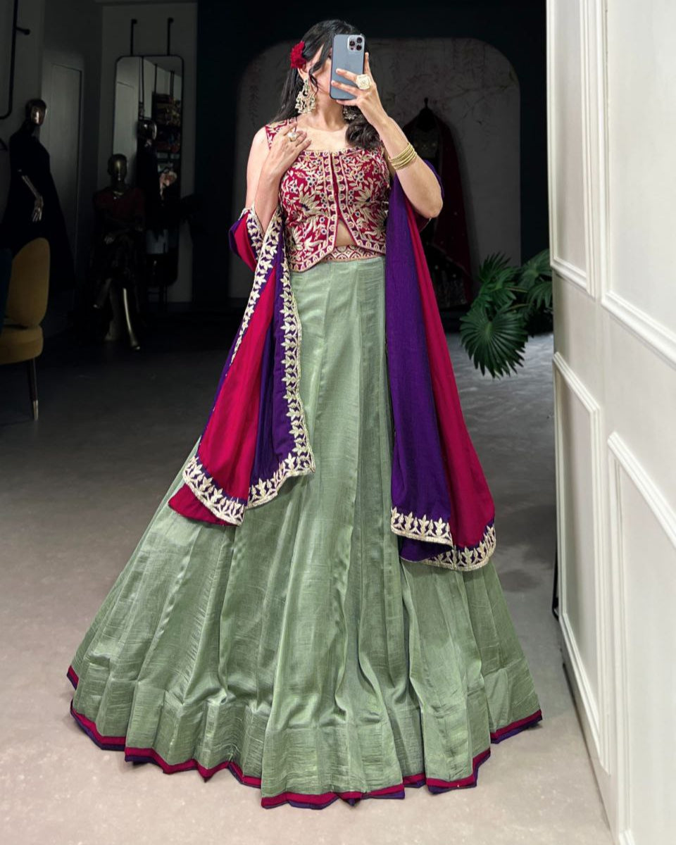 Exquisite Vichitra Silk Lehenga Choli with Sequins and Thread Embroidery