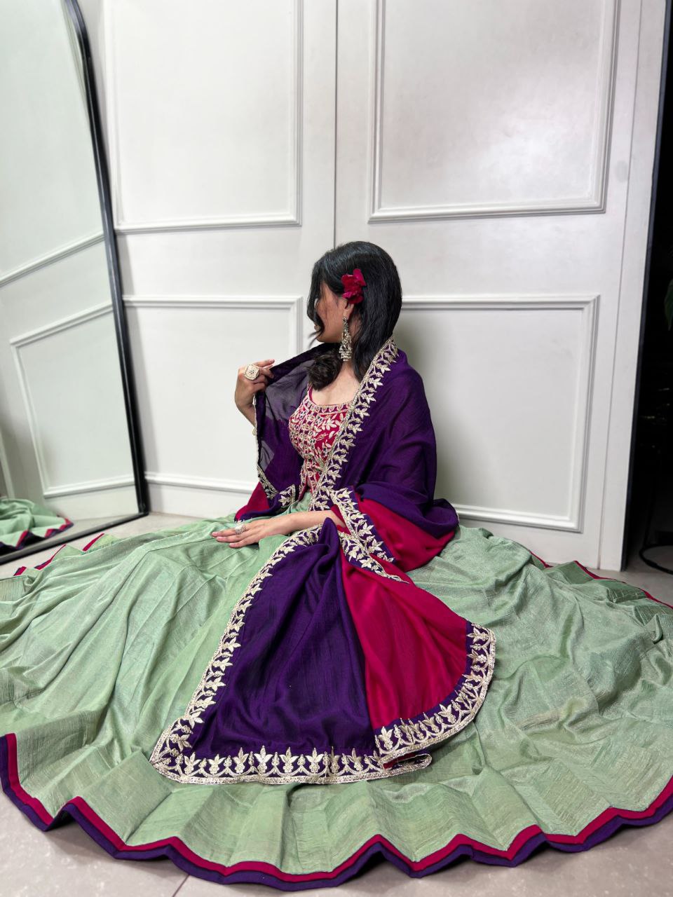 Exquisite Vichitra Silk Lehenga Choli with Sequins and Thread Embroidery