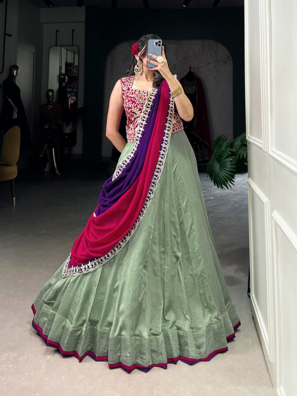 Exquisite Vichitra Silk Lehenga Choli with Sequins and Thread Embroidery