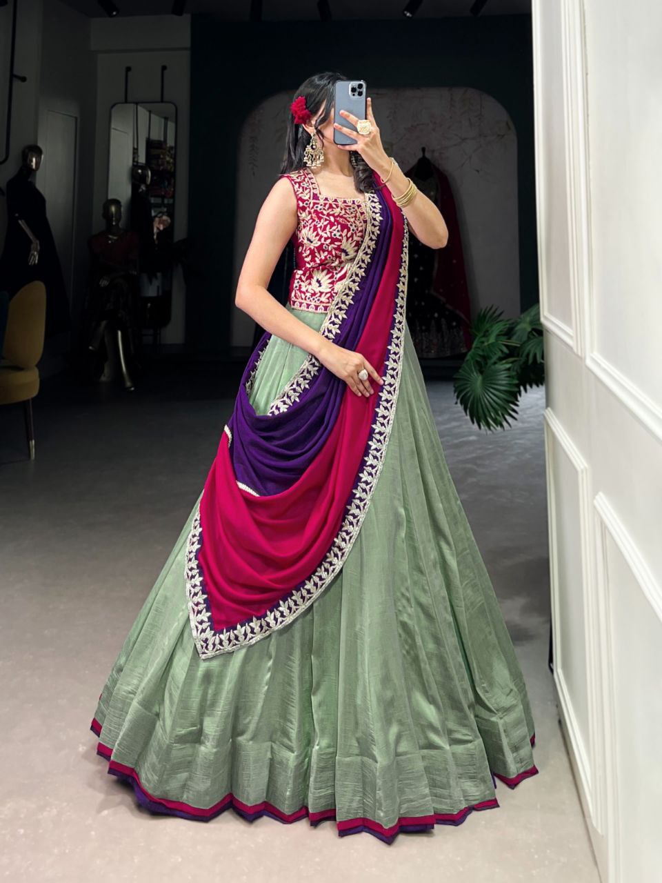 Exquisite Vichitra Silk Lehenga Choli with Sequins and Thread Embroidery