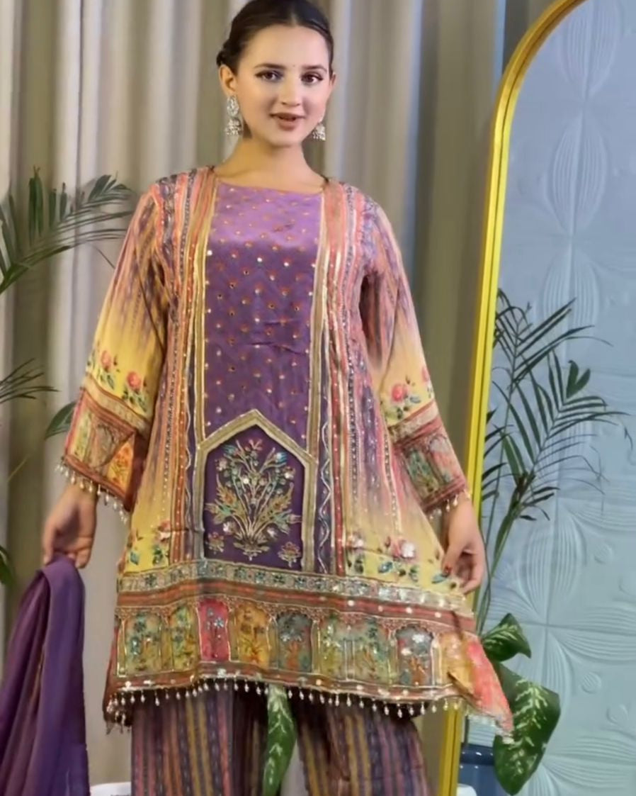 Fancy Digital Printed Chinon Silk Top-Palazzo with Dupatta