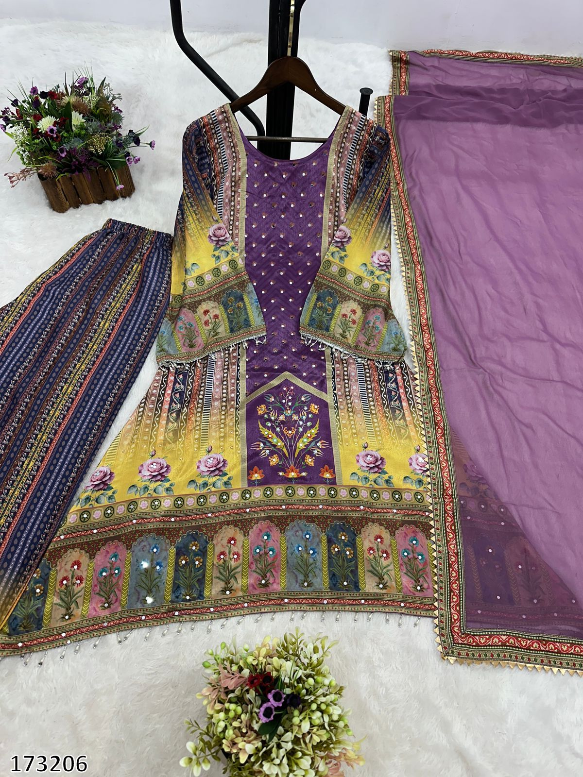 Fancy Digital Printed Chinon Silk Top-Palazzo with Dupatta
