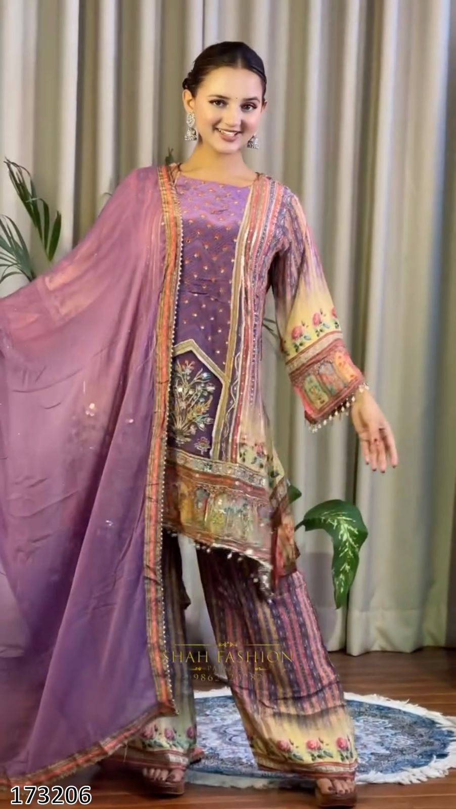 Fancy Digital Printed Chinon Silk Top-Palazzo with Dupatta