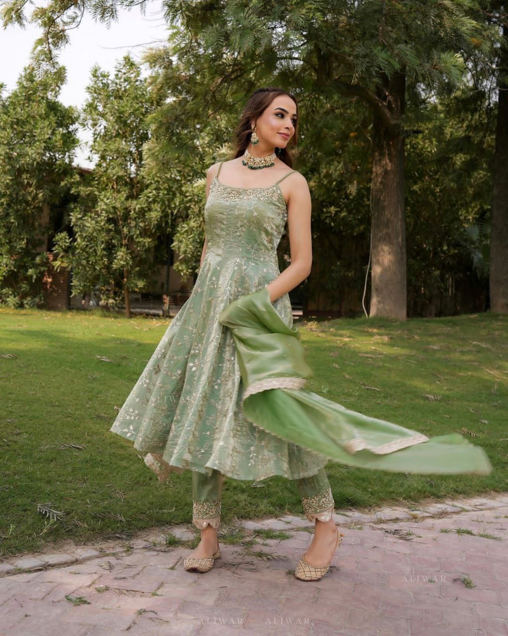 Fandy Silk Embroidered Gown with Dupatta | Sequence Work | Fully Stitched Party Wear