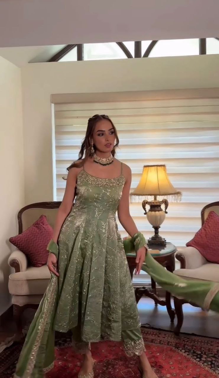 Fandy Silk Embroidered Gown with Dupatta | Sequence Work | Fully Stitched Party Wear