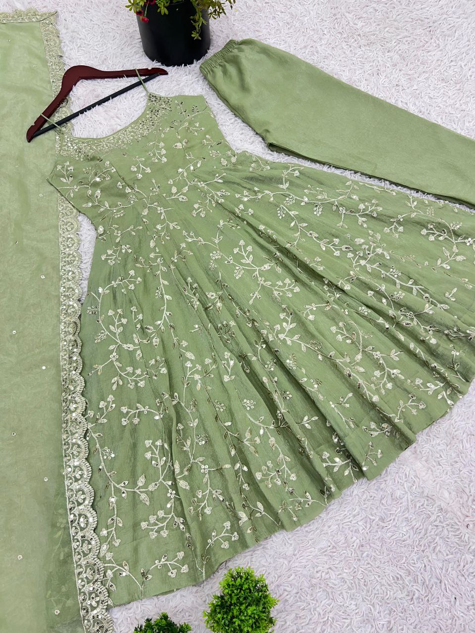 Fandy Silk Embroidered Gown with Dupatta | Sequence Work | Fully Stitched Party Wear