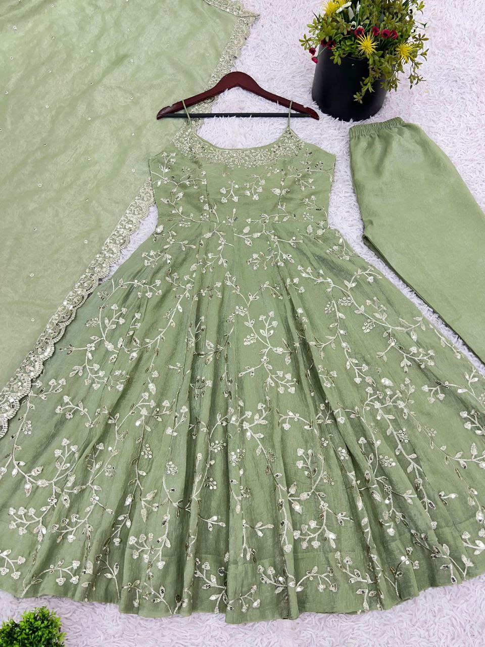 Fandy Silk Embroidered Gown with Dupatta | Sequence Work | Fully Stitched Party Wear