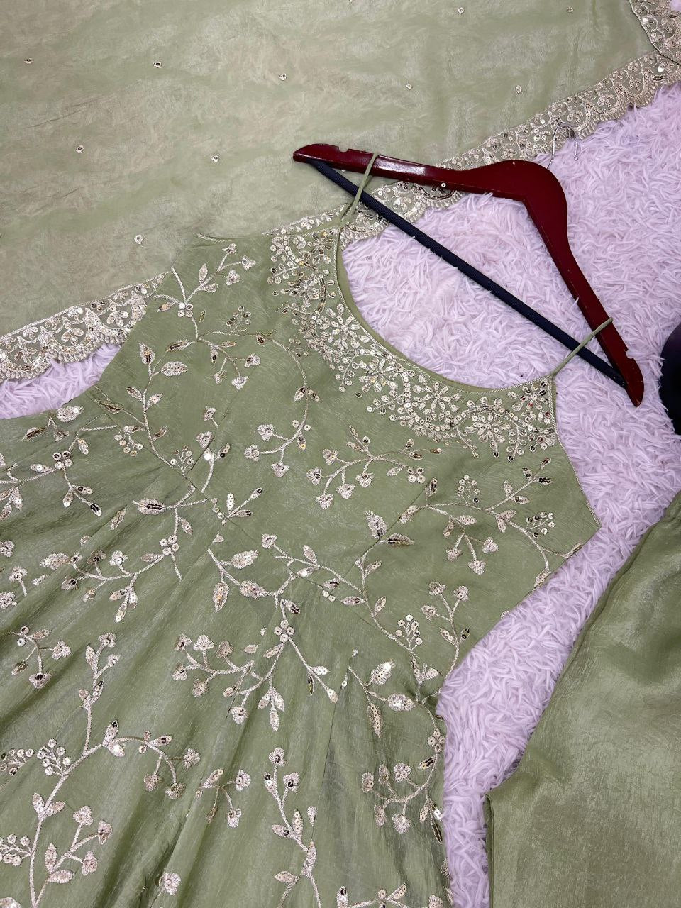 Fandy Silk Embroidered Gown with Dupatta | Sequence Work | Fully Stitched Party Wear