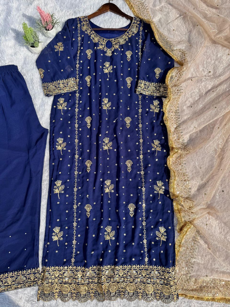 Faux Georgette Embroidered Suit Set with Handmade Moti Work – Top, Pant & Dupatta | Eid Special | Fully Stitched