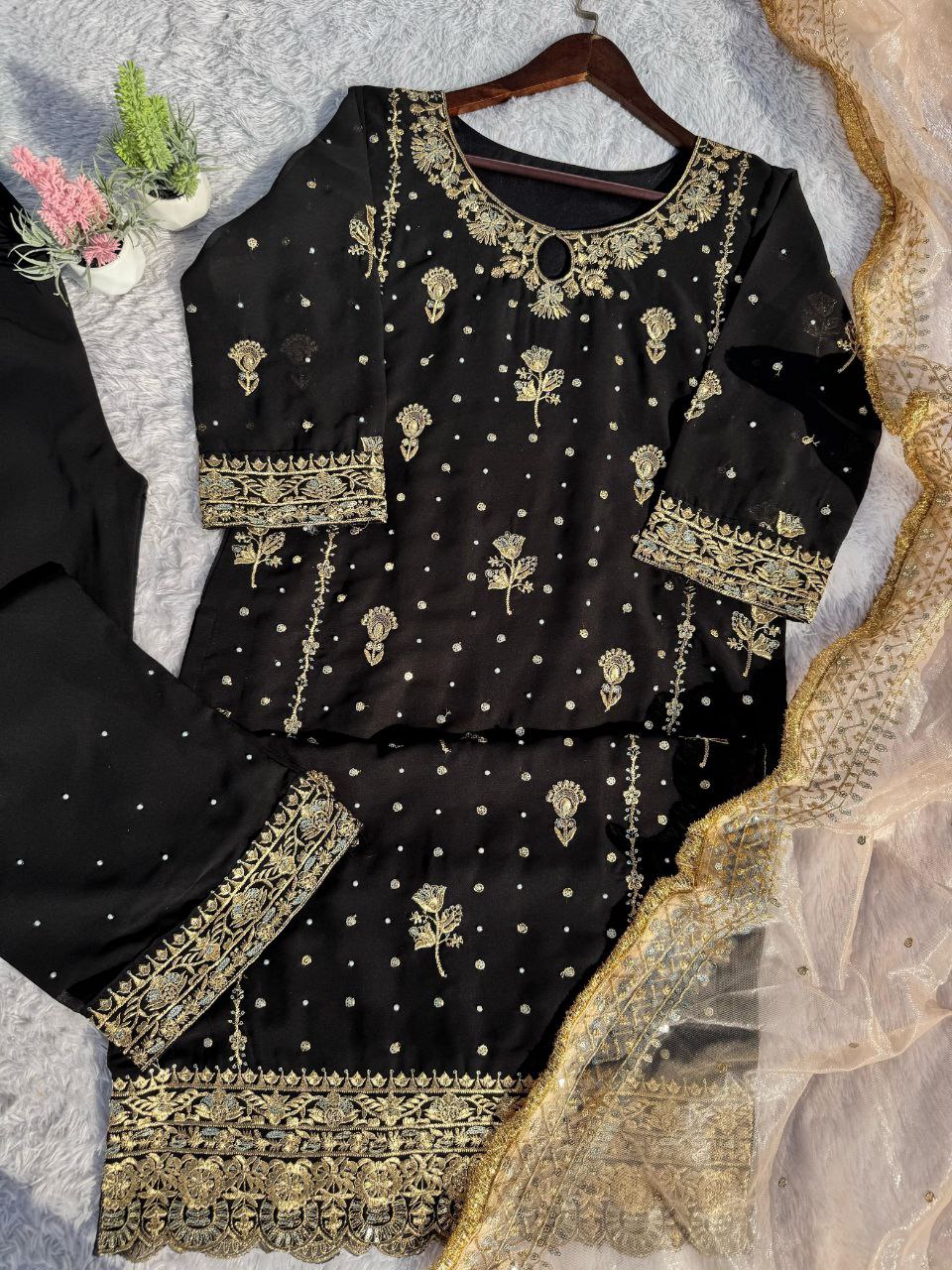 Faux Georgette Embroidered Suit Set with Handmade Moti Work – Top, Pant & Dupatta | Eid Special | Fully Stitched