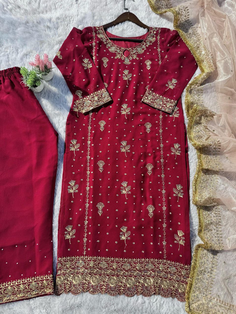 Faux Georgette Embroidered Suit Set with Handmade Moti Work – Top, Pant & Dupatta | Eid Special | Fully Stitched