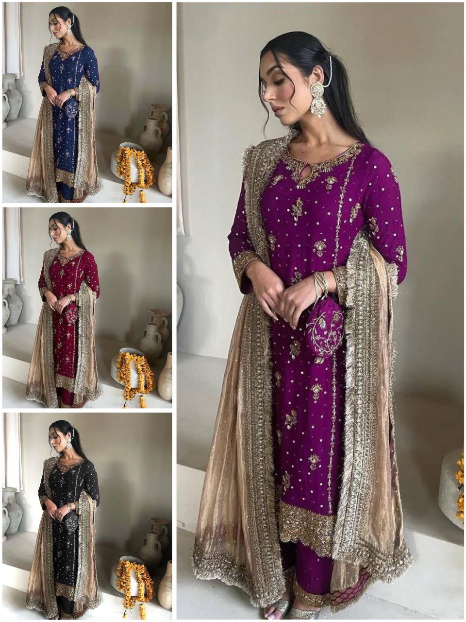 Faux Georgette Embroidered Suit Set with Handmade Moti Work – Top, Pant & Dupatta | Eid Special | Fully Stitched