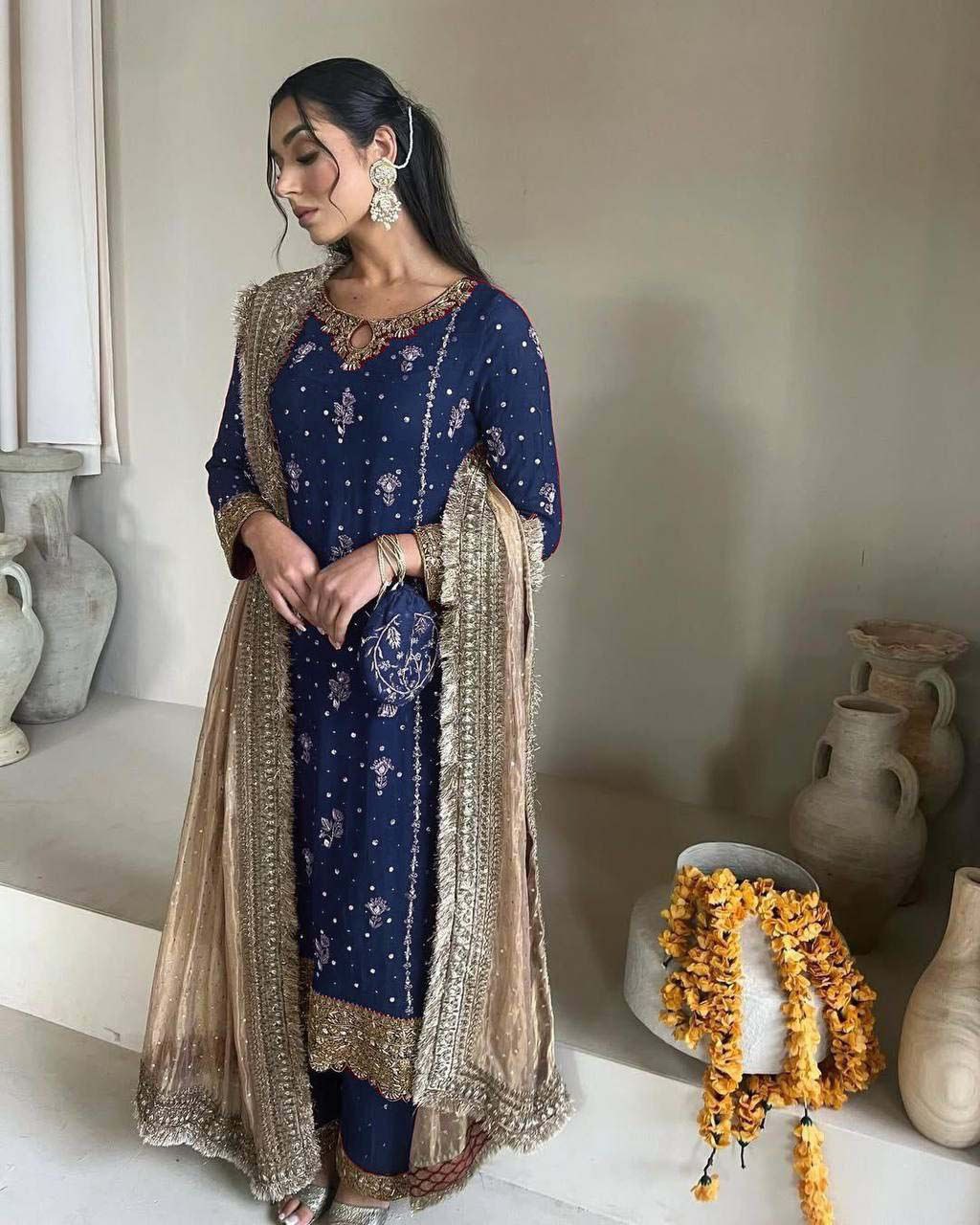 Faux Georgette Embroidered Suit Set with Handmade Moti Work – Top, Pant & Dupatta | Eid Special | Fully Stitched