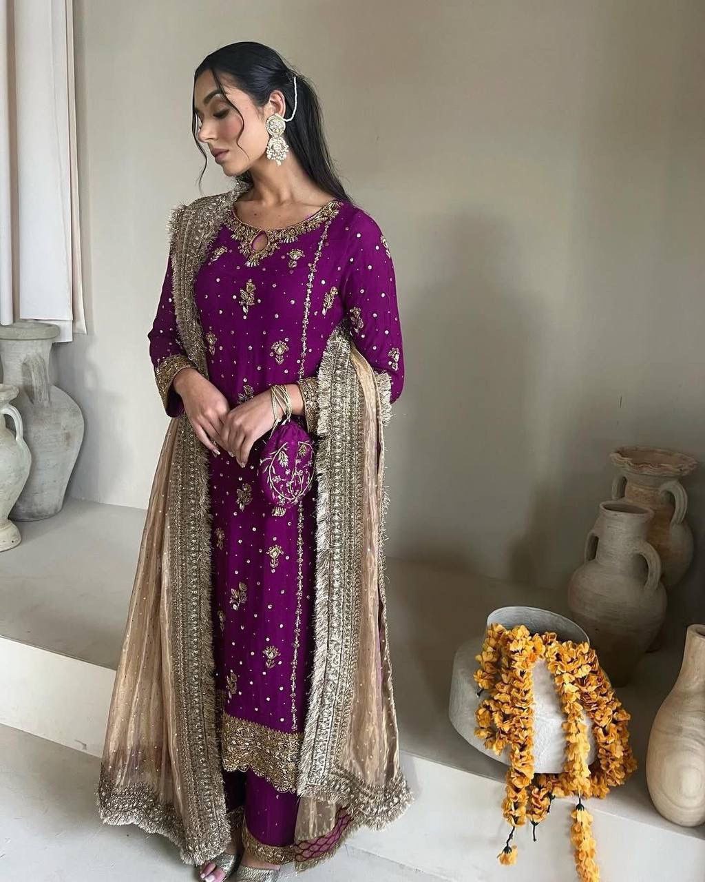 Faux Georgette Embroidered Suit Set with Handmade Moti Work – Top, Pant & Dupatta | Eid Special | Fully Stitched