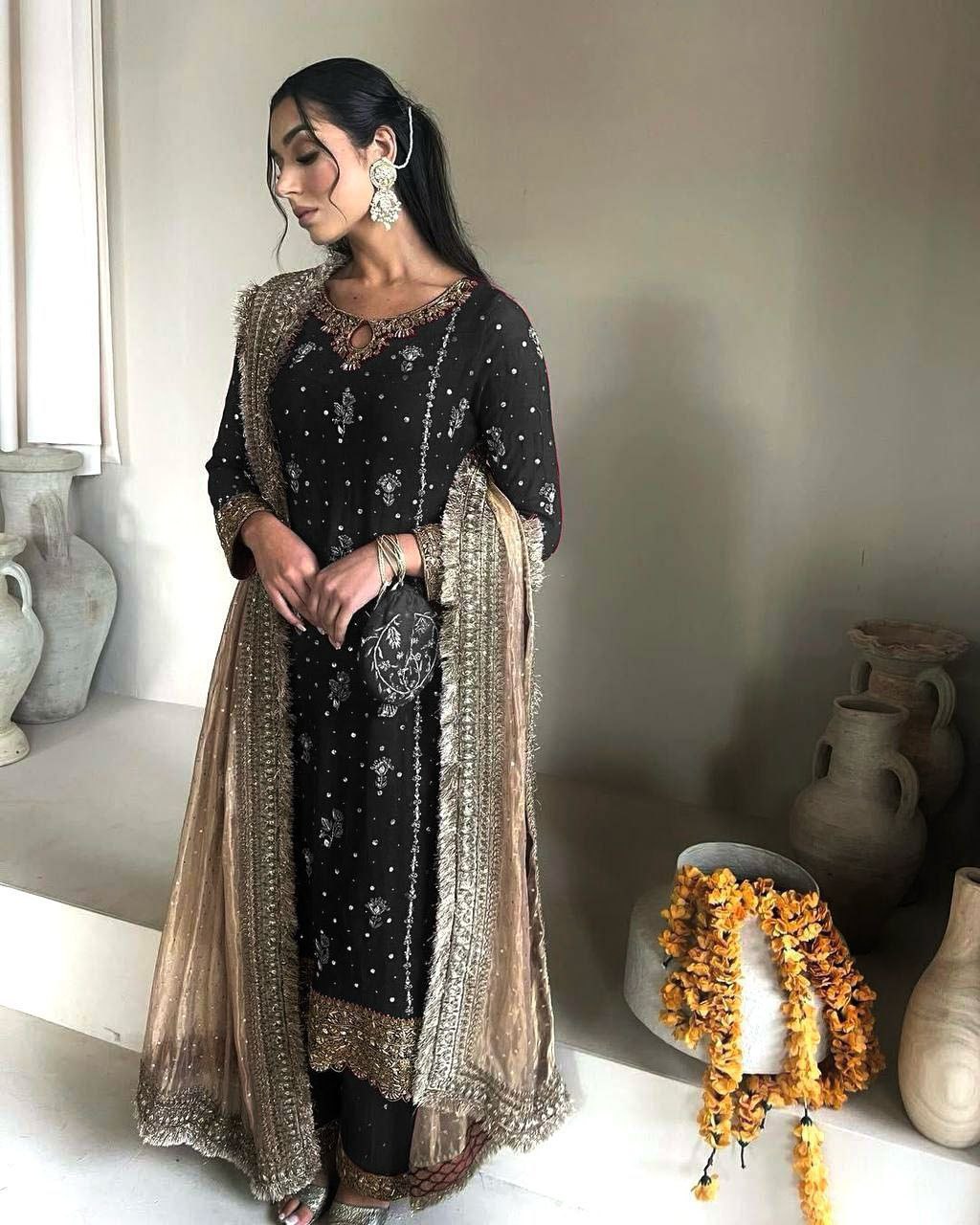 Faux Georgette Embroidered Suit Set with Handmade Moti Work – Top, Pant & Dupatta | Eid Special | Fully Stitched