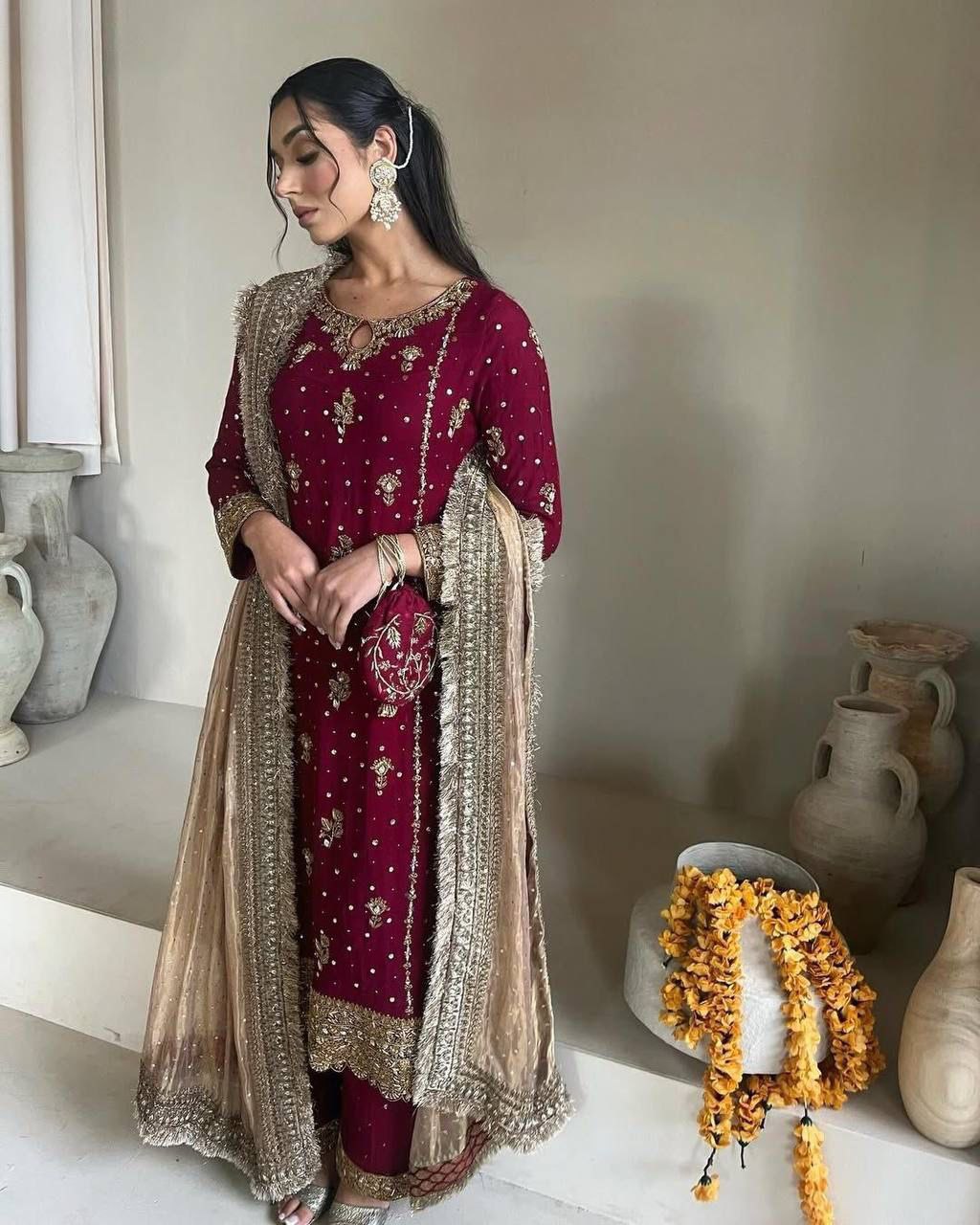 Faux Georgette Embroidered Suit Set with Handmade Moti Work – Top, Pant & Dupatta | Eid Special | Fully Stitched