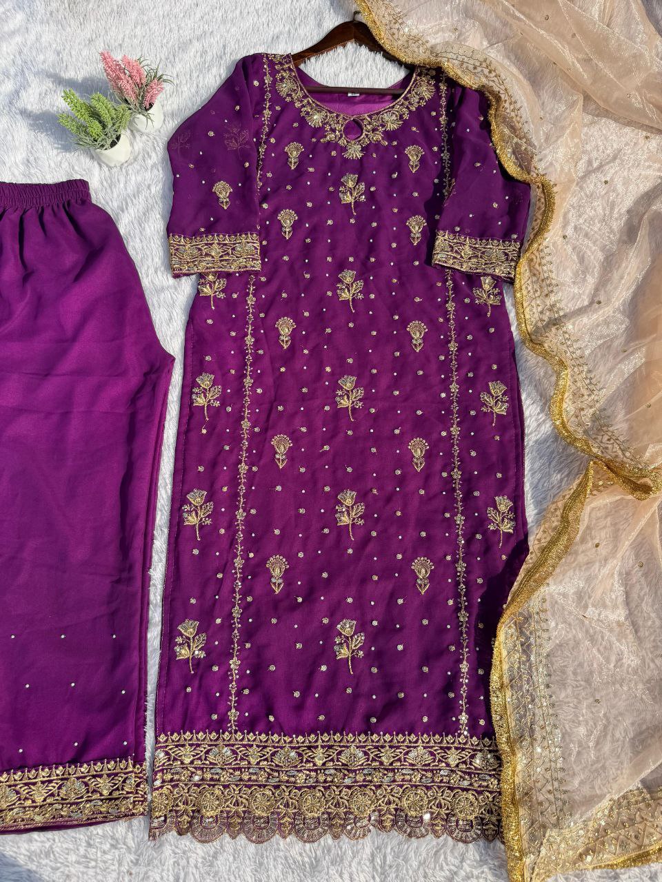 Faux Georgette Embroidered Suit Set with Handmade Moti Work – Top, Pant & Dupatta | Eid Special | Fully Stitched