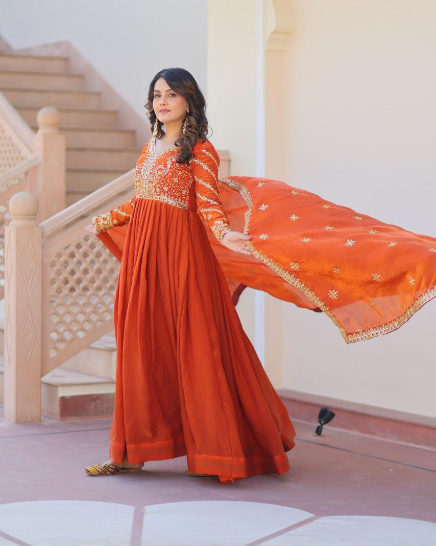 Fendy Fabric Embroidered Gown with Sequins Dupatta | Partywear Ethnic Dress | Fully Stitched