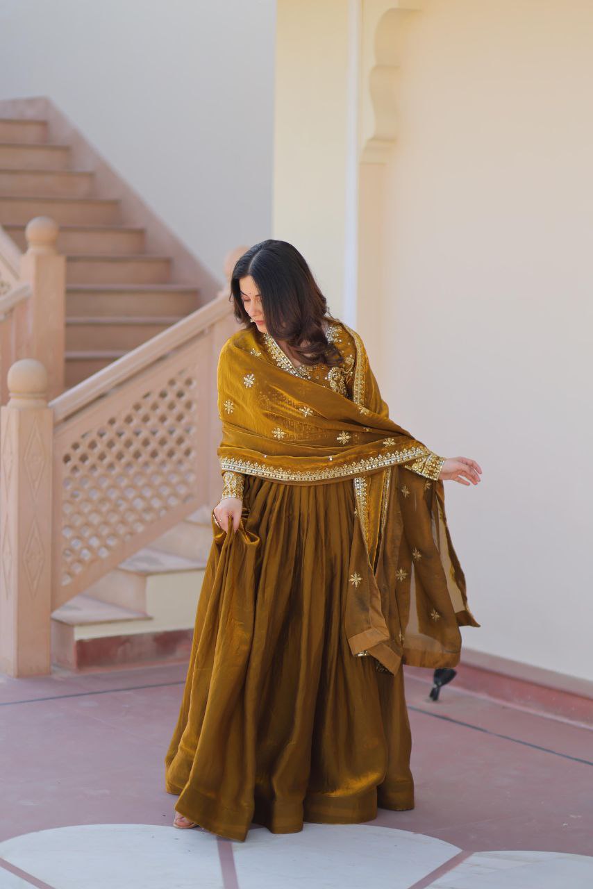 Fendy Fabric Embroidered Gown with Sequins Dupatta | Partywear Ethnic Dress | Fully Stitched