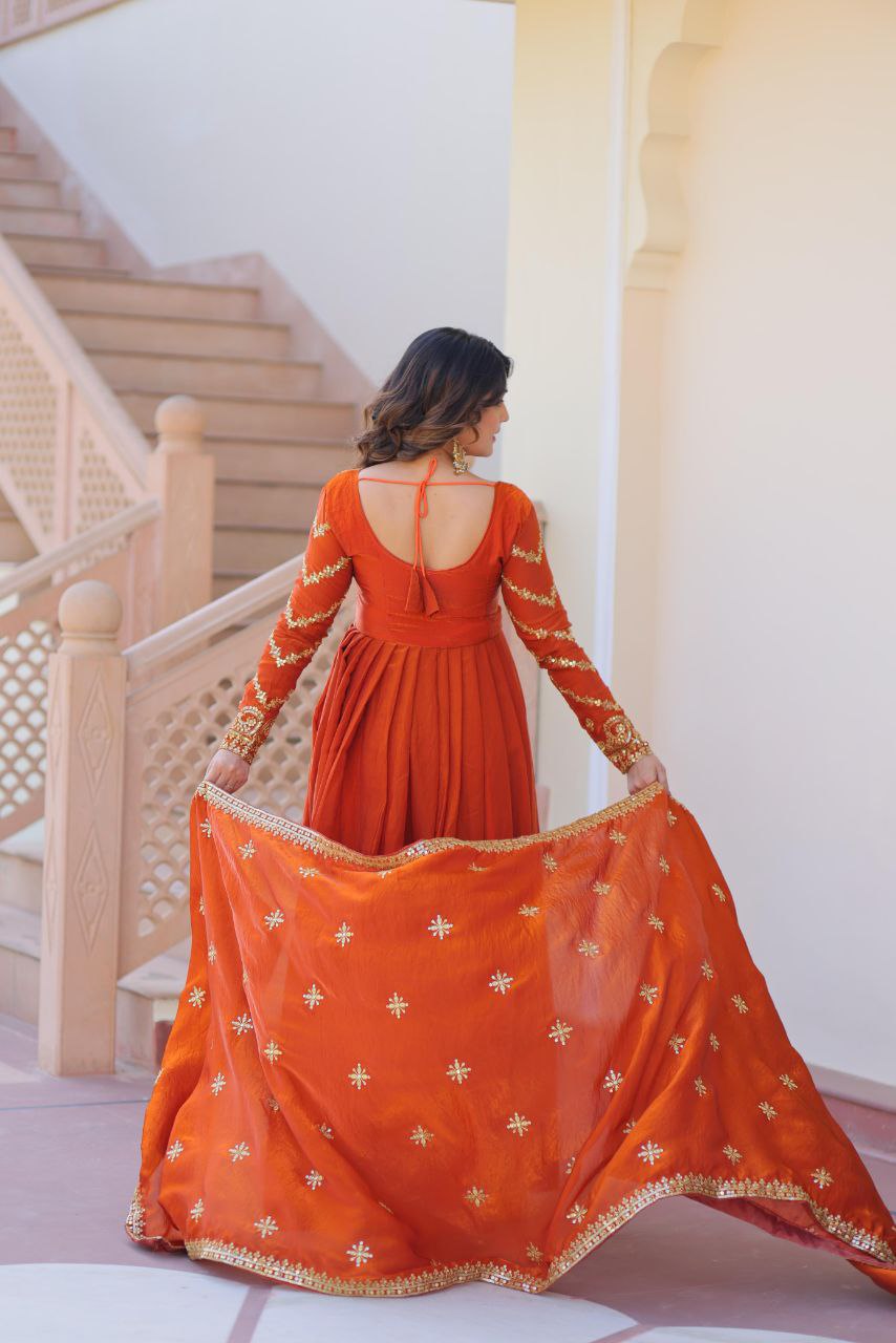 Fendy Fabric Embroidered Gown with Sequins Dupatta | Partywear Ethnic Dress | Fully Stitched