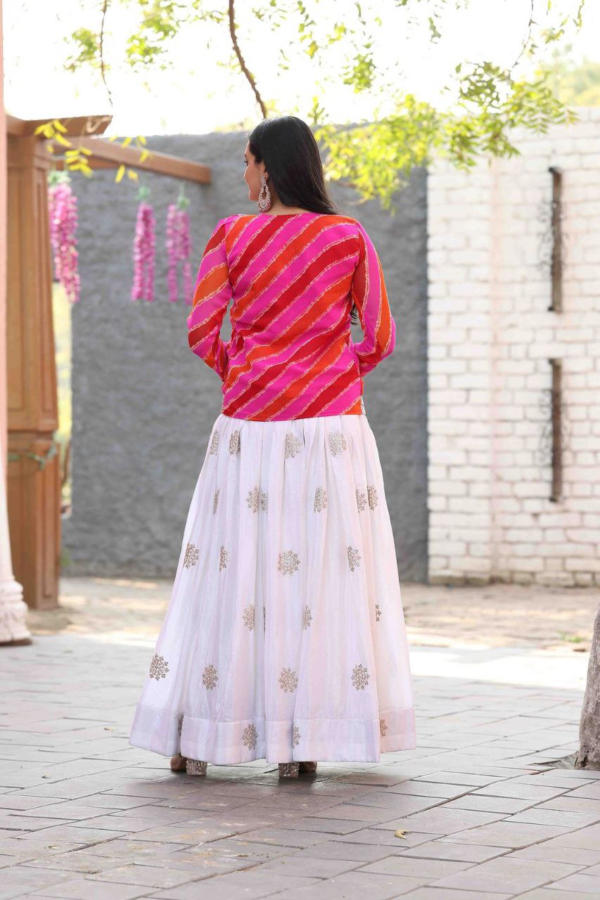 Festival Special Leheriya Jacket with Chinon Embroidered Gown – Fully Stitched Party Wear Set