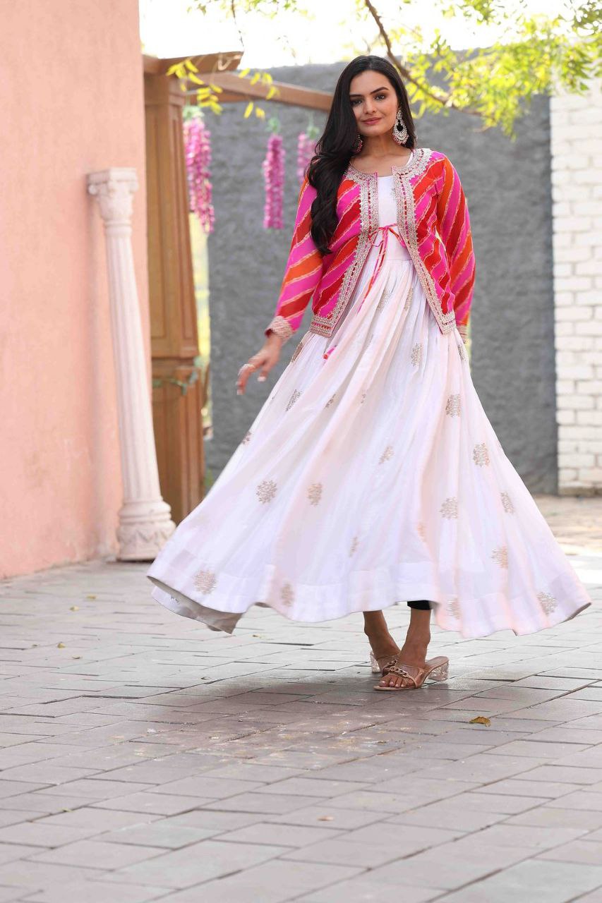 Festival Special Leheriya Jacket with Chinon Embroidered Gown – Fully Stitched Party Wear Set