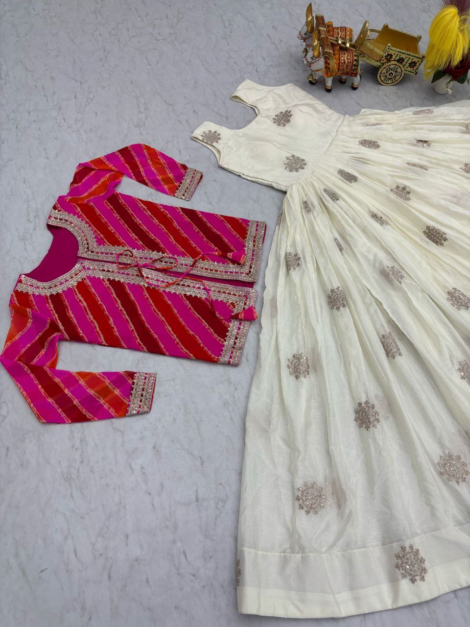 Festival Special Leheriya Jacket with Chinon Embroidered Gown – Fully Stitched Party Wear Set