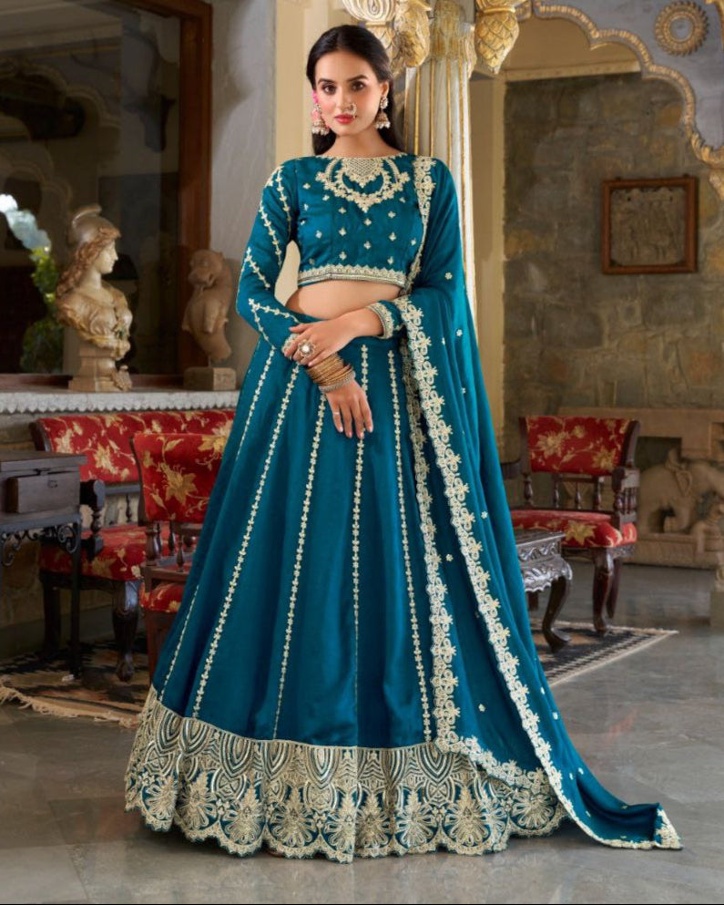 Firozi Vichitra Silk Bridal Lehenga – Sequins & Embroidery