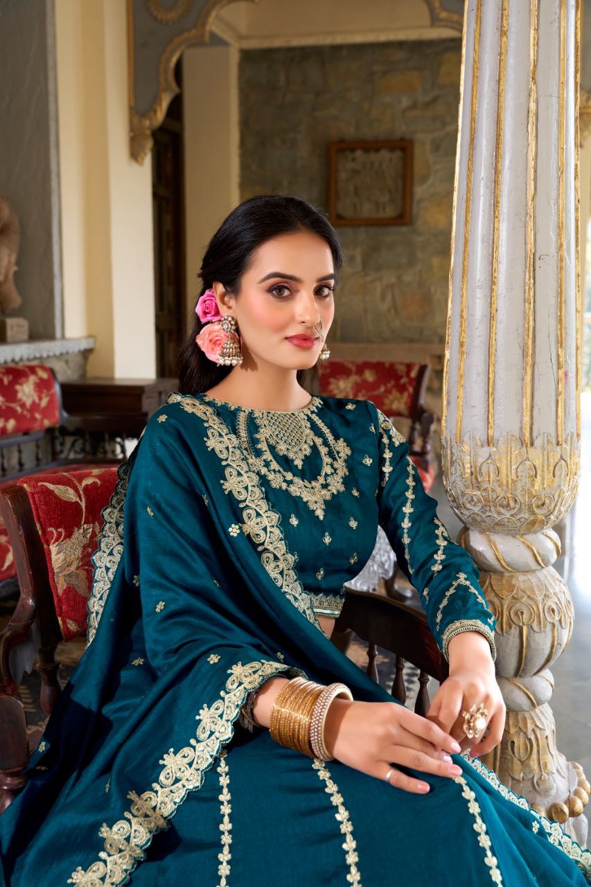 Firozi Vichitra Silk Bridal Lehenga – Sequins & Embroidery