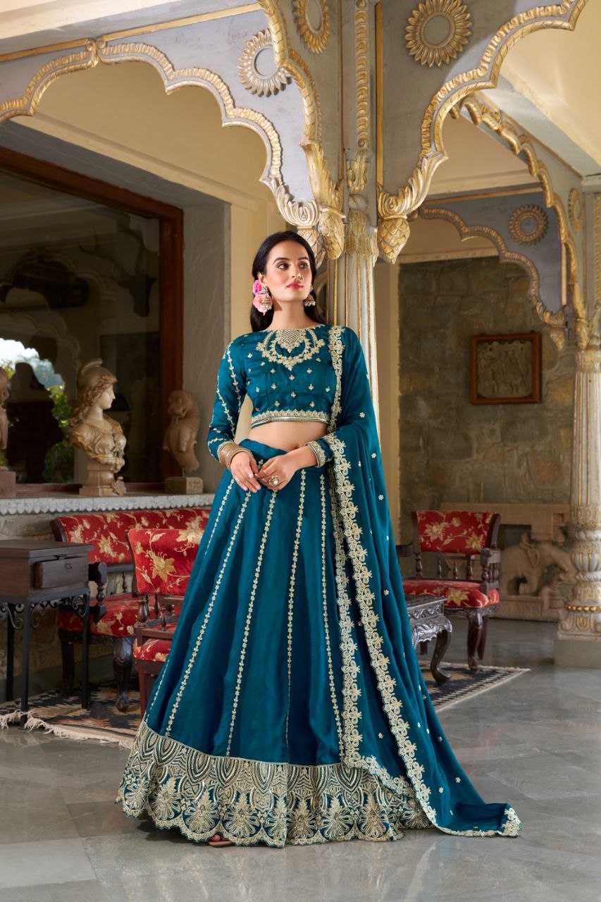 Firozi Vichitra Silk Bridal Lehenga – Sequins & Embroidery