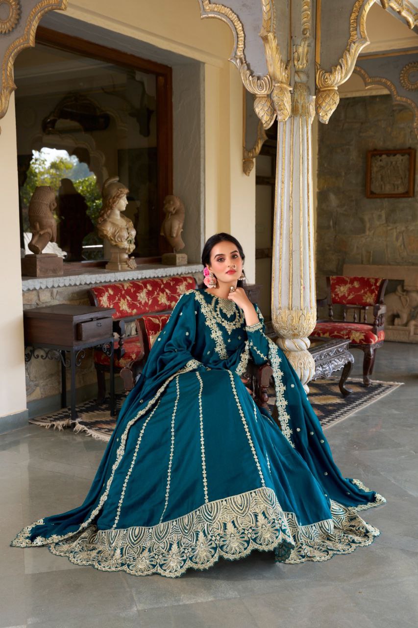 Firozi Vichitra Silk Bridal Lehenga – Sequins & Embroidery