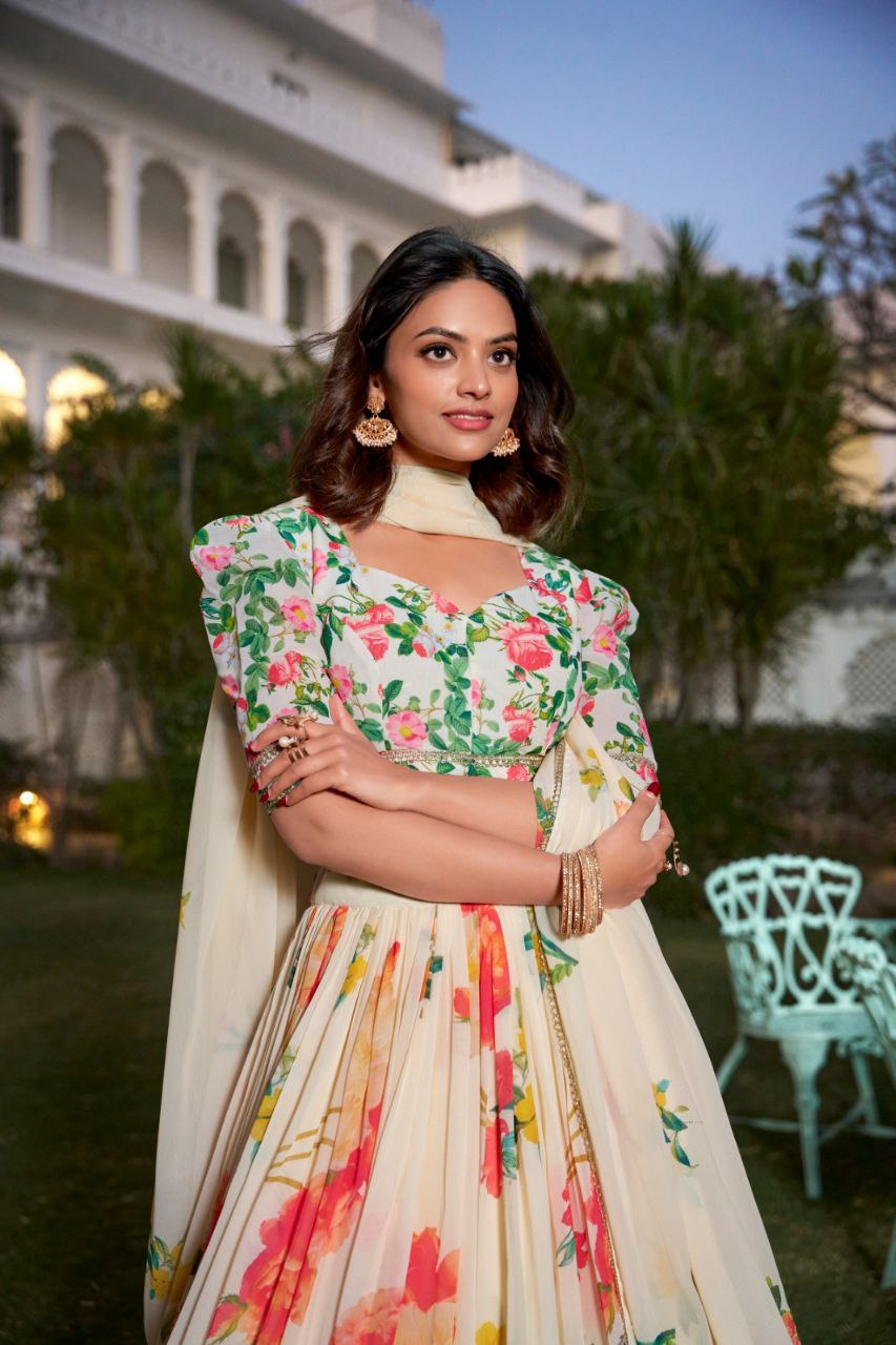 Floral Print Georgette Lehenga Set with Lace Border & Dupatta