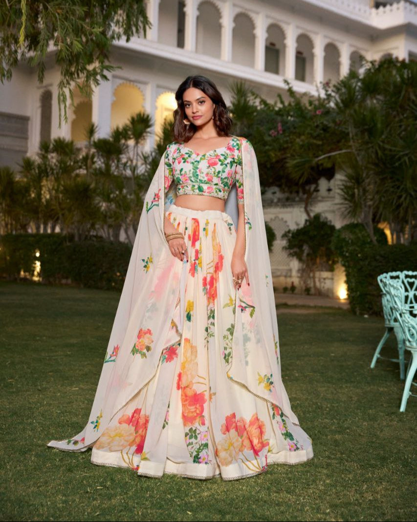 Floral Print Georgette Lehenga Set with Lace Border & Dupatta
