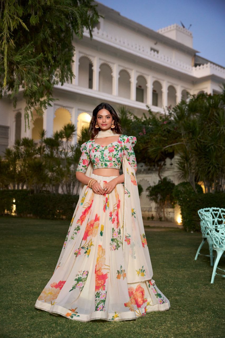 Floral Print Georgette Lehenga Set with Lace Border & Dupatta
