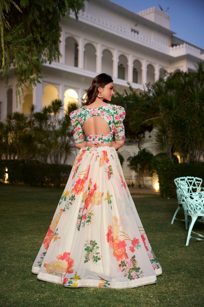 Floral Print Georgette Lehenga Set with Lace Border & Dupatta