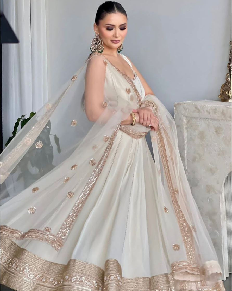 Fox Georgette Embroidered Gown-Pant with Dupatta Set | Summer Party Wear | Fully Stitched