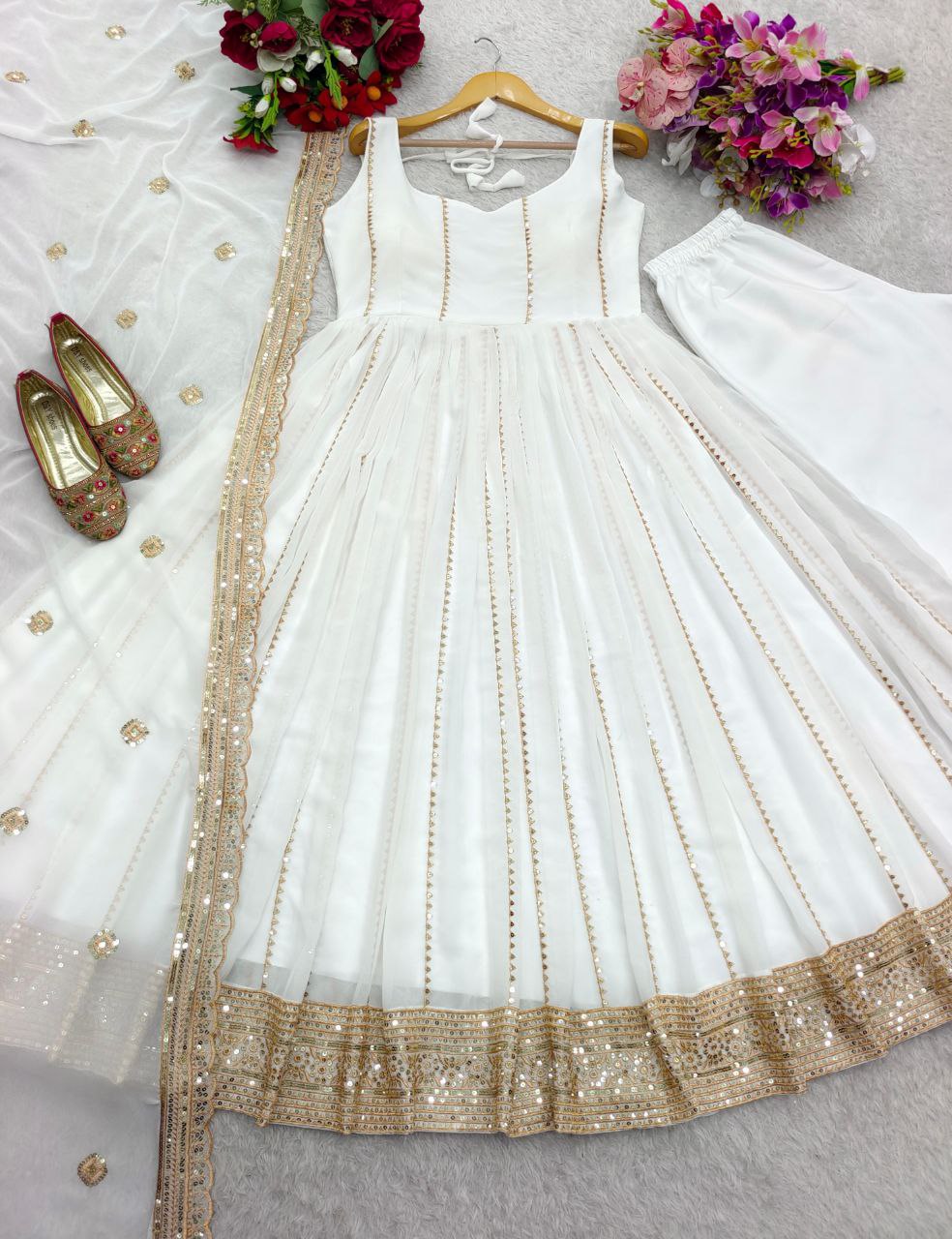 Fox Georgette Embroidered Gown-Pant with Dupatta Set | Summer Party Wear | Fully Stitched