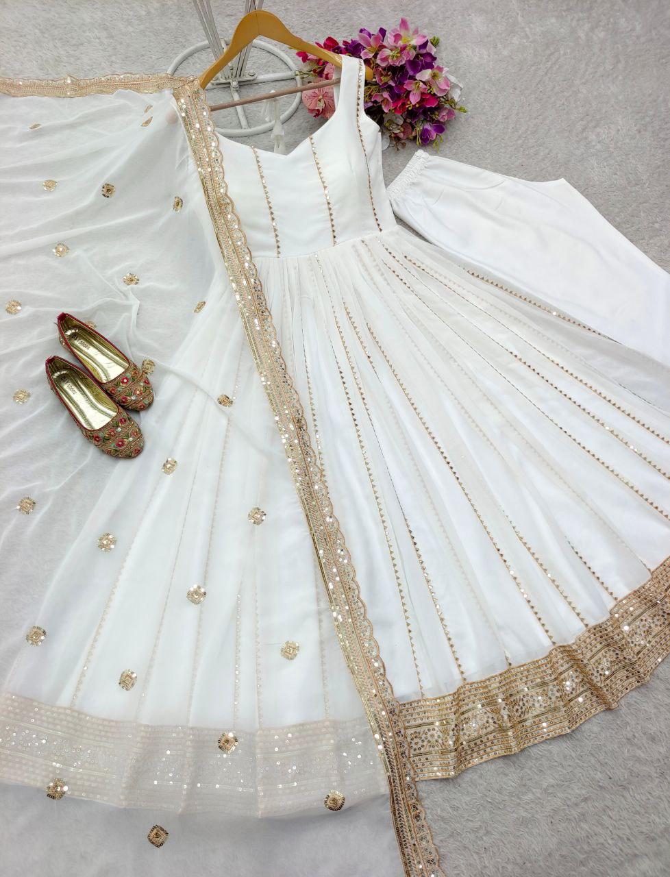 Fox Georgette Embroidered Gown-Pant with Dupatta Set | Summer Party Wear | Fully Stitched