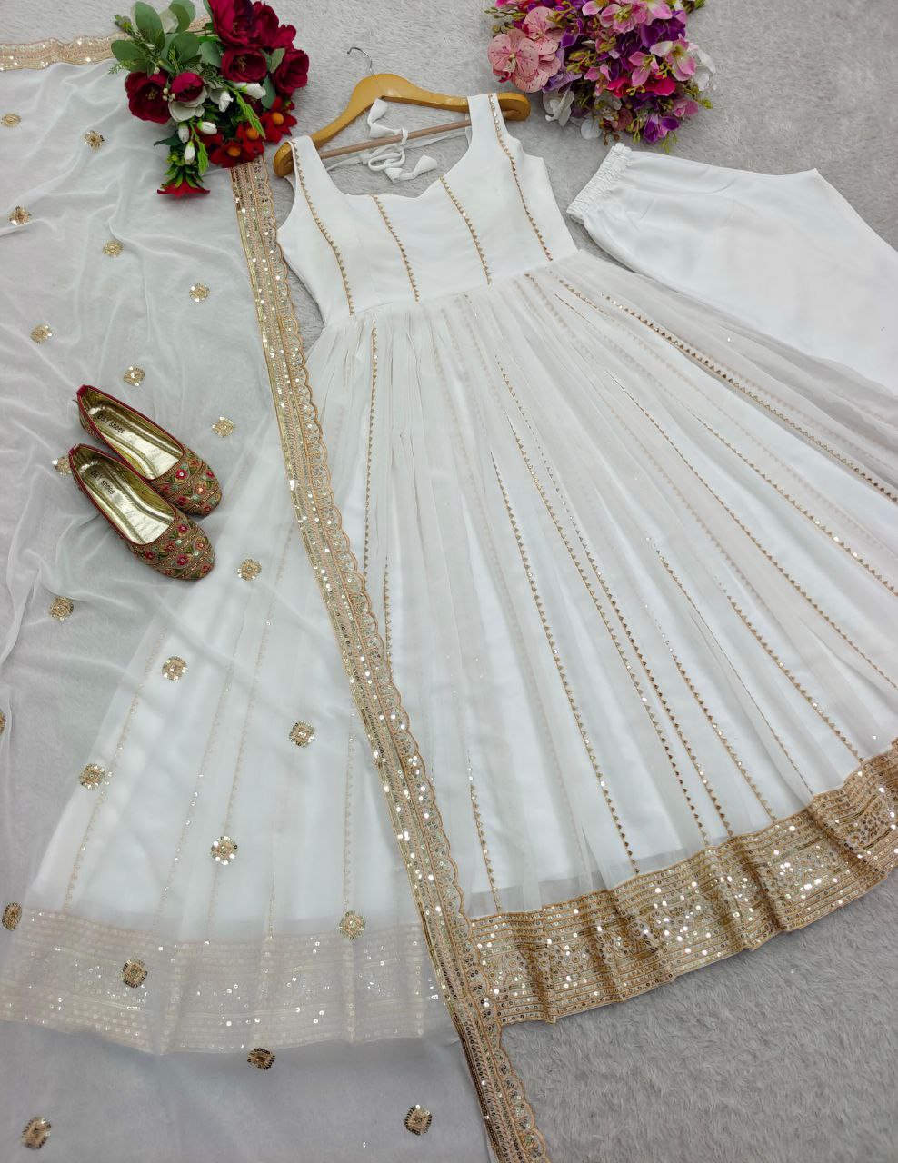 Fox Georgette Embroidered Gown-Pant with Dupatta Set | Summer Party Wear | Fully Stitched