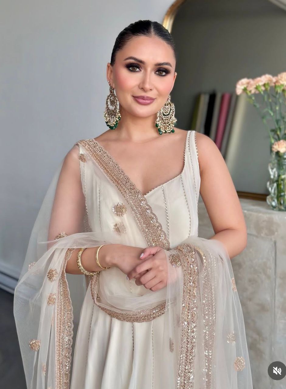 Fox Georgette Embroidered Gown-Pant with Dupatta Set | Summer Party Wear | Fully Stitched
