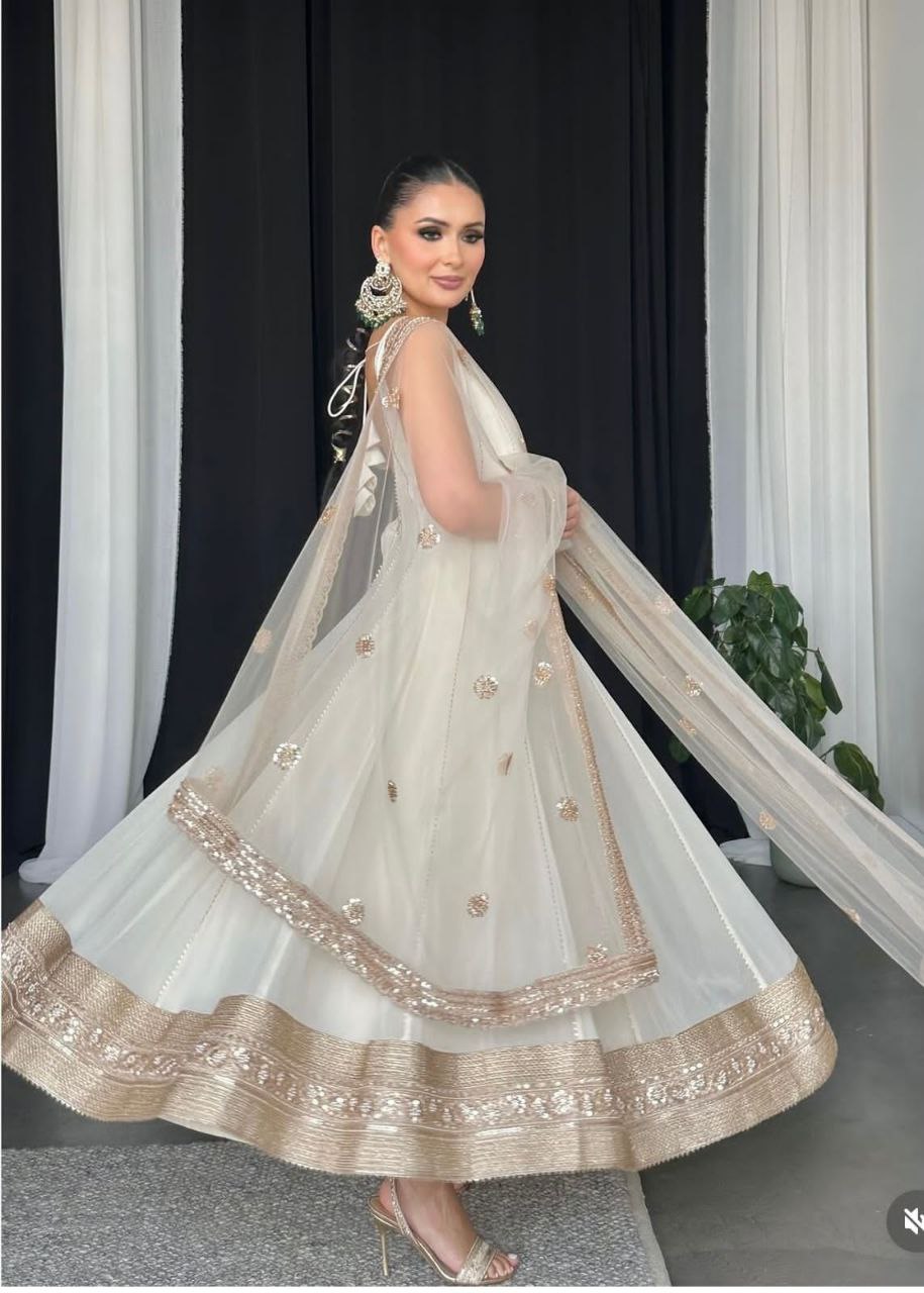 Fox Georgette Embroidered Gown-Pant with Dupatta Set | Summer Party Wear | Fully Stitched