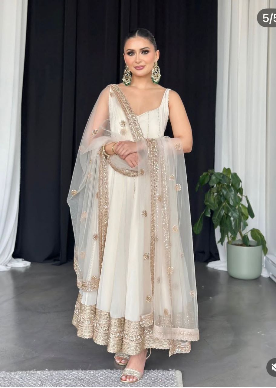 Fox Georgette Embroidered Gown-Pant with Dupatta Set | Summer Party Wear | Fully Stitched