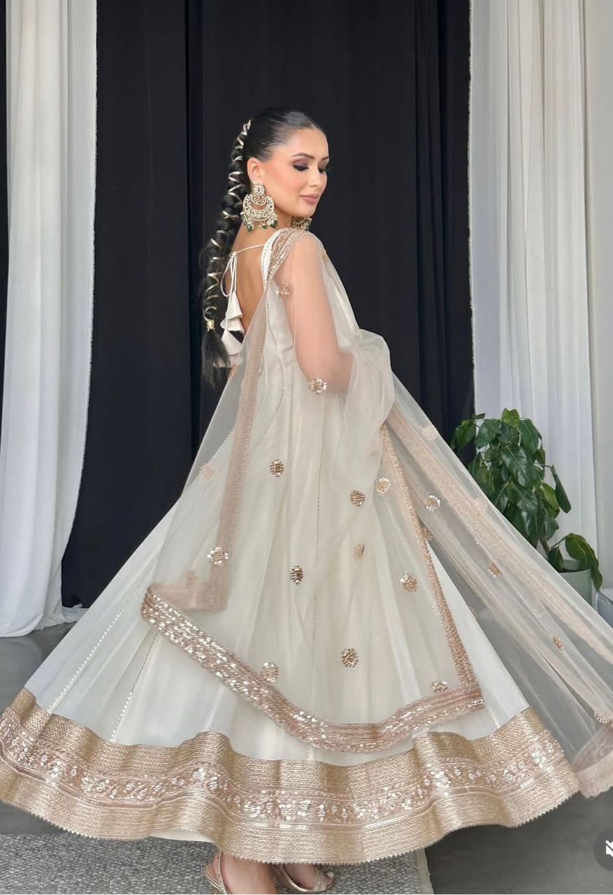 Fox Georgette Embroidered Gown-Pant with Dupatta Set | Summer Party Wear | Fully Stitched