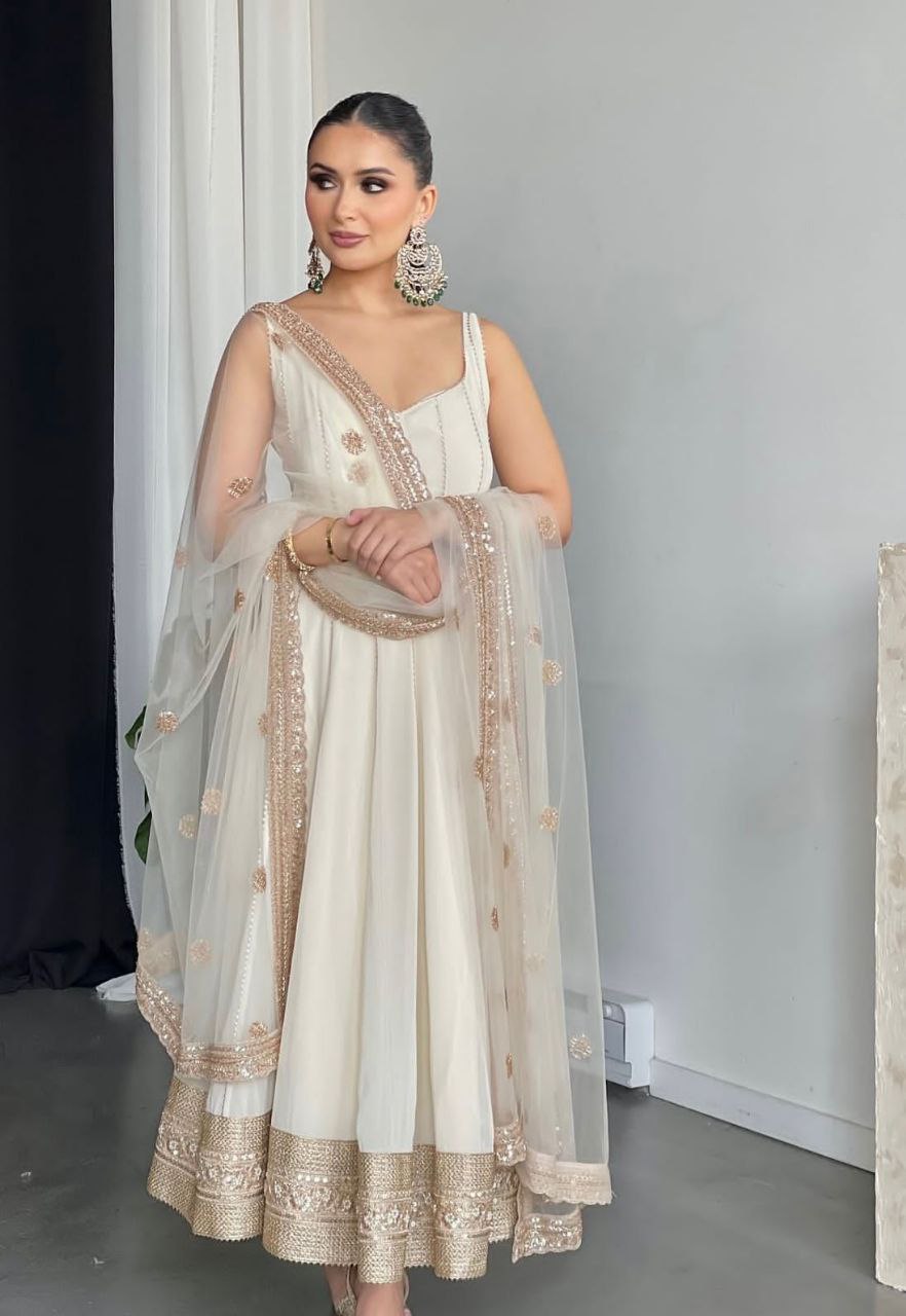 Fox Georgette Embroidered Gown-Pant with Dupatta Set | Summer Party Wear | Fully Stitched
