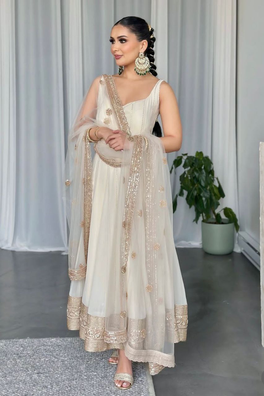 Fox Georgette Embroidered Gown-Pant with Dupatta Set | Summer Party Wear | Fully Stitched