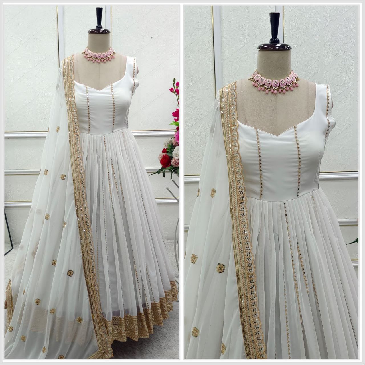 Fox Georgette Embroidered Gown-Pant with Dupatta Set | Summer Party Wear | Fully Stitched
