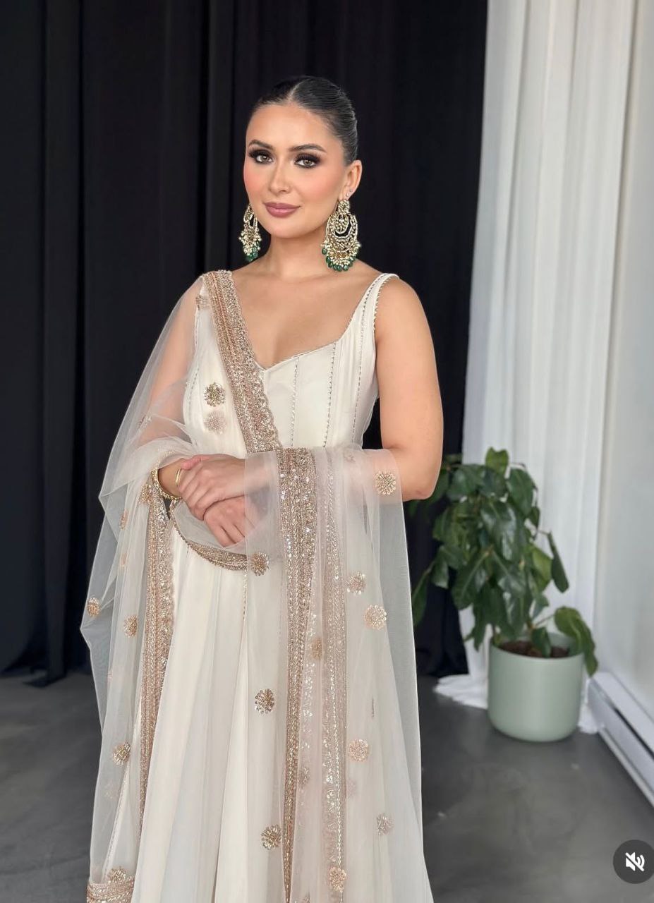 Fox Georgette Embroidered Gown-Pant with Dupatta Set | Summer Party Wear | Fully Stitched