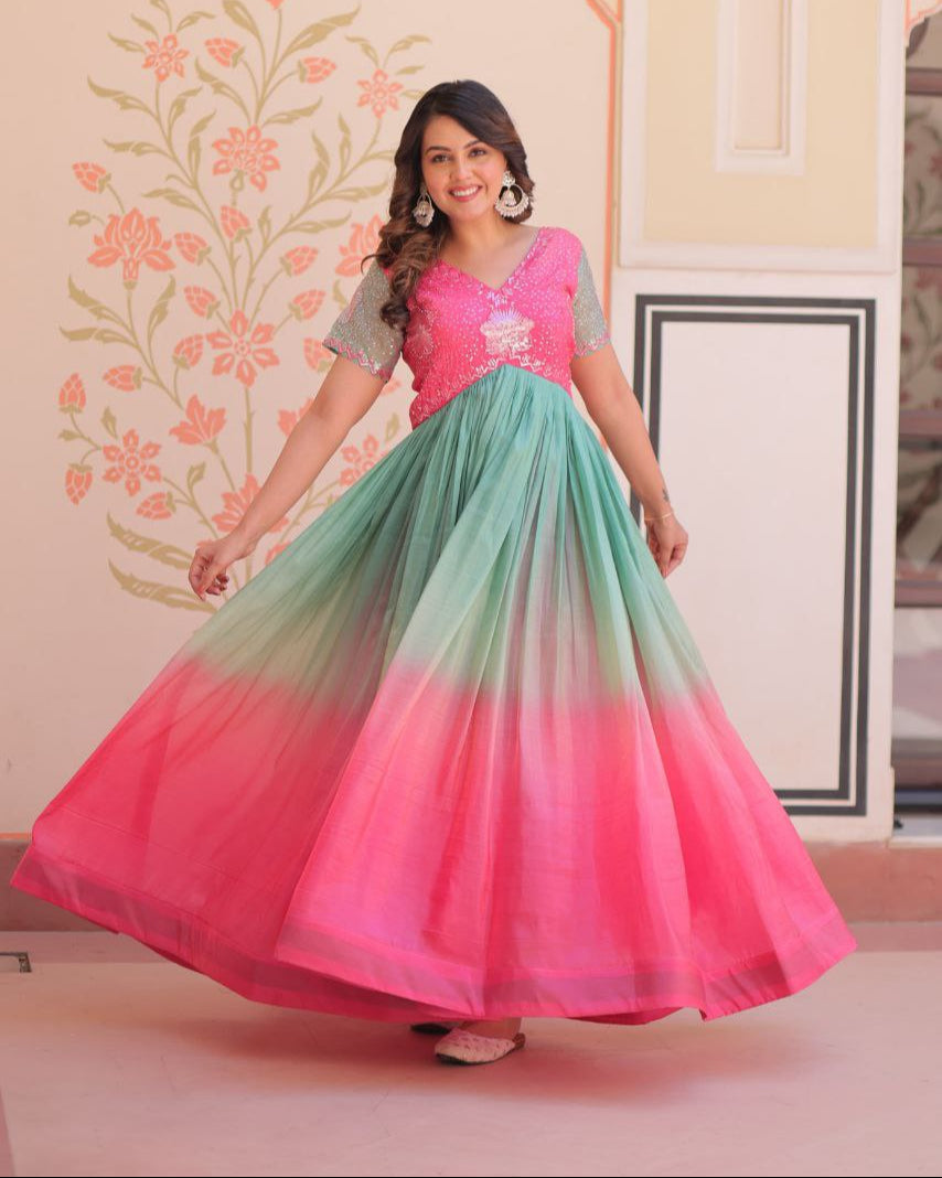 Gold Crush Designer Gown | Beads Embroidery | V Neck | Fully Stitched