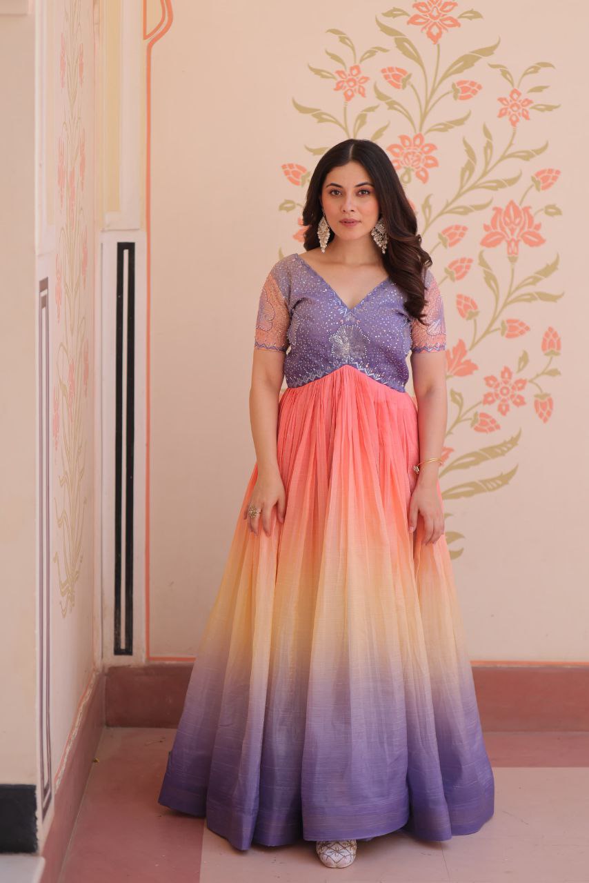 Gold Crush Designer Gown | Beads Embroidery | V Neck | Fully Stitched